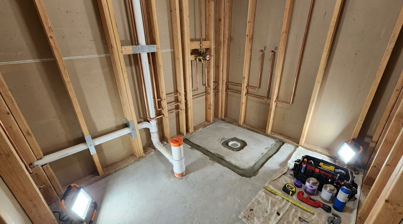 Bathroom rough-in plumbing during remodel by Johns Plumbing LLC in Duncansville