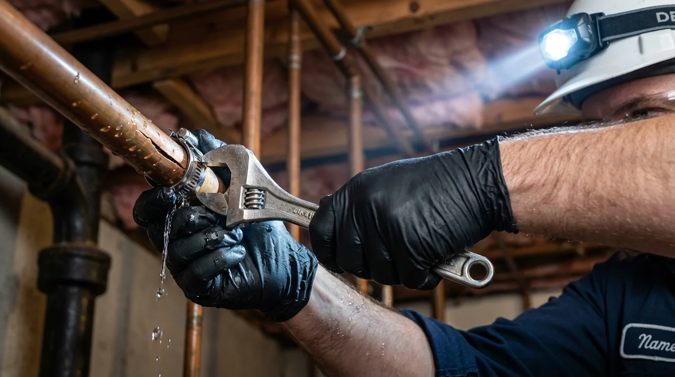 Emergency pipe clamp repair being performed by a Johns Plumbing LLC plumber in Duncansville