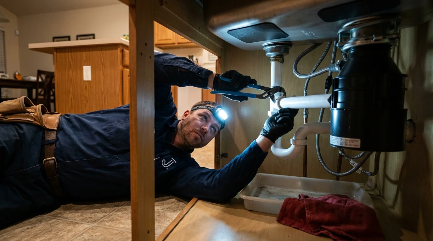 P-trap and supply line connections under a kitchen sink showing a common leak point in Duncansville, PA